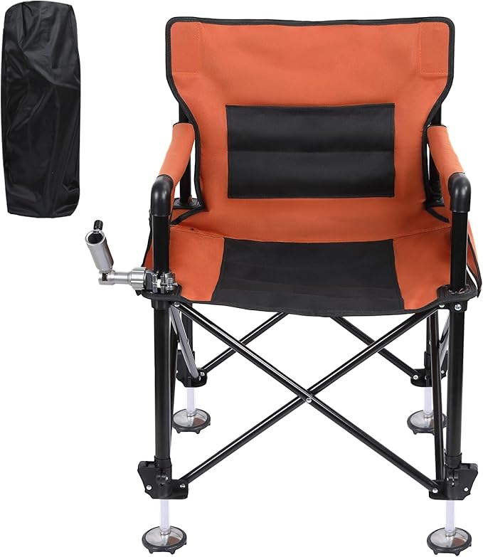Foldable Fishing Chair Heavy Duty Portable Adjustable Camping Chair with Rod Holders Non-Slip Feet Carrier Bag for Outdoor Fishing Travel Beach Orange