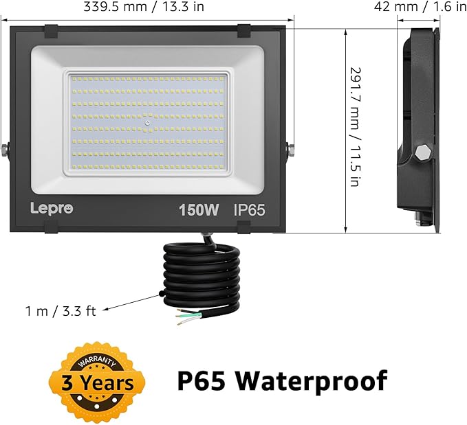 Lepro 150W Outdoor LED Flood Lights 5000K 10000 Lumens Super Bright for Yard Garden Driveway Pool Parking Area Playground Outside Floodlight Fixture (watts 150)