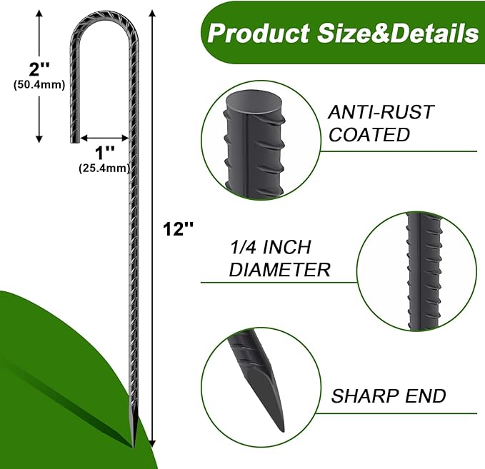 AAGUT Rebar Stakes 12 Inch 60 Pack J Hook Premium Black Coated Ground Garden Anchors Heavy Duty Superior Rust Resistance Chain Link Fence Stakes for Camping Tent Inflatables Lawn Decor