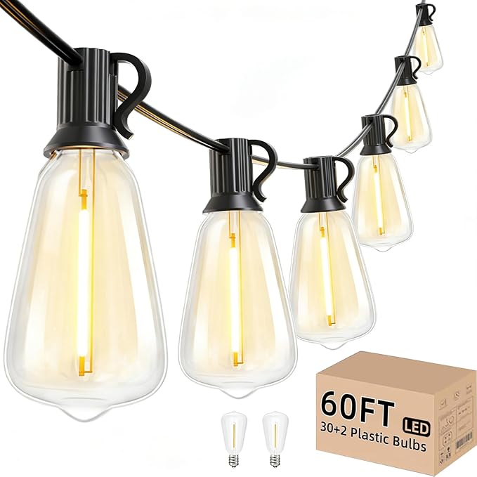 Svater Outdoor String Lights 60 FT ST38 Patio String Lights with 32 Waterproof Shatterproof LED Bulbs Connectable Lights for Outside Backyard Garden Porch
