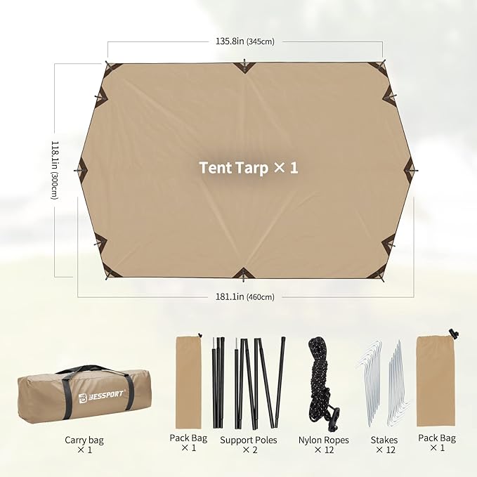 Bessport Camping Tarp 16×9.8FT with 2 Poles Portable Multifunctional Backpacking PU 3000mm Waterproof Rain Fly Hammock Tarp for OutdoorTraveling Hilking