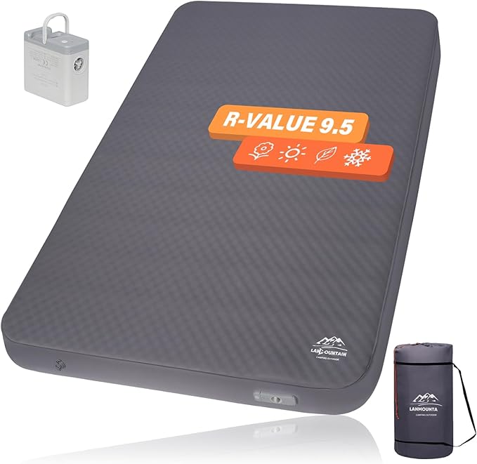 Self Inflating Sleeping PadDouble Camping Mattress w/Detachable Electric Pump4 - Inch Thick Memory Foam for Ultimate Comfort Suitable for FamilyOutdoorRoad Trip4 - Season UseGray