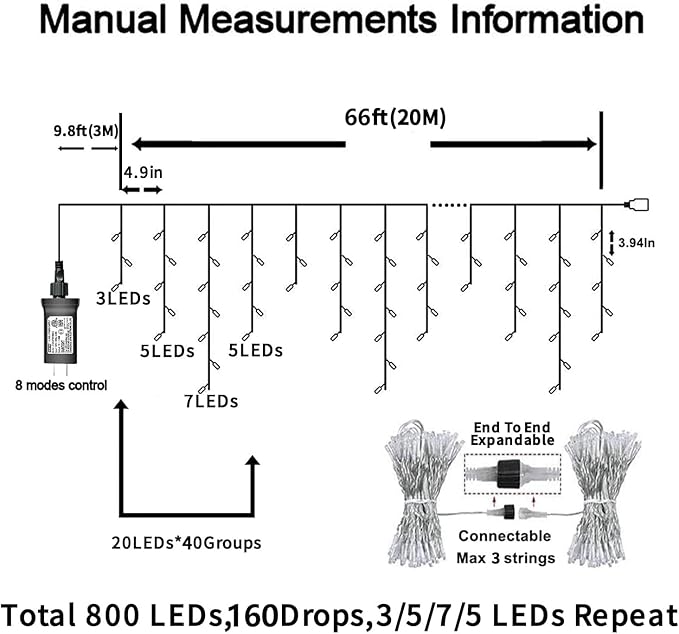YEGUO 66ft 800 LED Icicle Lights Outdoor Waterproof 160 Drops Icicle Christmas Light Connectable 8 Modes White Icicle Xmas Lights with Timer Memory