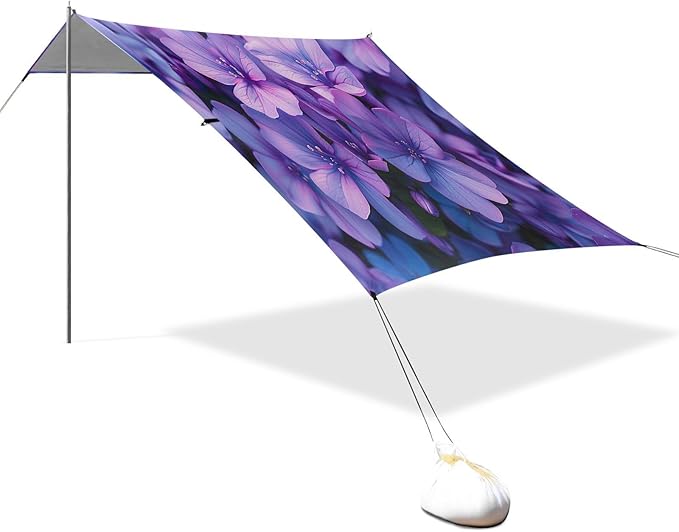 Purple Flowers Beach Tent Sun Shelter 9.2' x 10.5' Beach Canopy with 4 Sandbags 4 Stability Poles Sand Shovels - Tent Canopy for Beach Camping Fishing Picnics