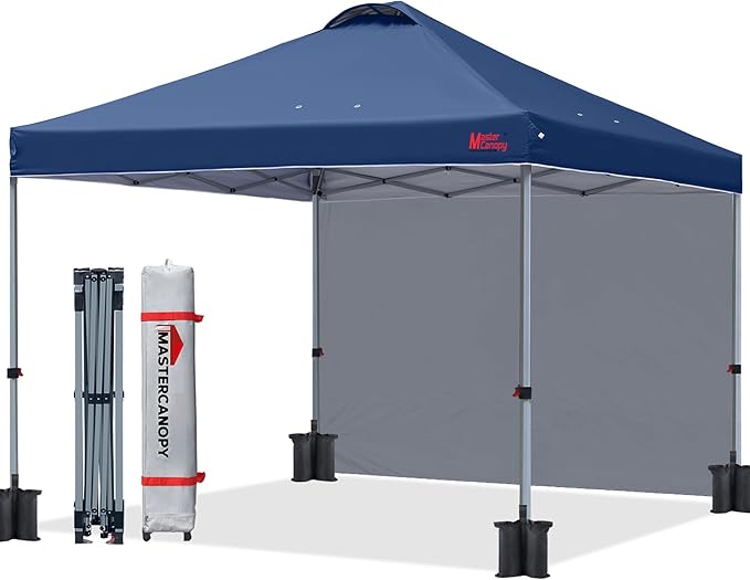 MASTERCANOPY Durable Pop-up Canopy Tent with 1 Sidewall (8'x8'Navy Blue)