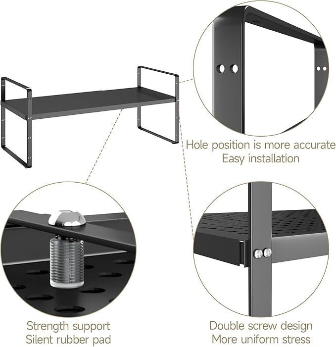 Hole Pattern Expandable Shelf Organizer1Pack 10.2 Wide Easy to Assemble Cabinet Organizer Shelf 16.5~27.1 Adjustable Height&ampStackable Spice Organization for Cupboard Black