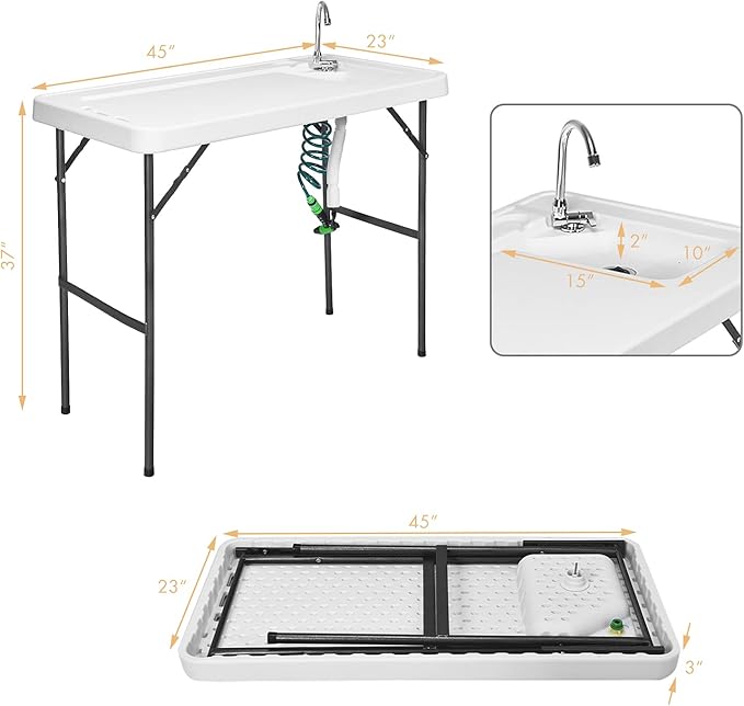 Goplus Folding Fish Cleaning Table with Sink and Spray Nozzle Heavy Duty Fillet Table with Hose Hook Up and Faucet Portable Outdoor Camping Sink Station for Dock Beach Patio Picnic