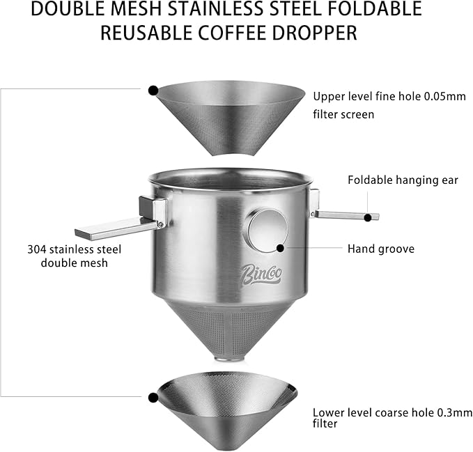 Bincoo Pour Over Coffee Dripper Portable Stainless Steel Reusable Coffee Filter Mini Collapsible Paperless Single Serve 1-2 Cup Coffee Dripper Cup Easy To Clean For Travel Camping Offices