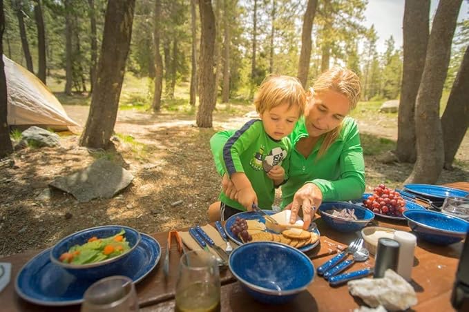 GSI Outdoors Pioneer Enamel 12 Pieces (4-Person) Dish Set I Enamelware Dishes Including Plates Bowls and Mugs for Camping Outdoors RV Camp Blue