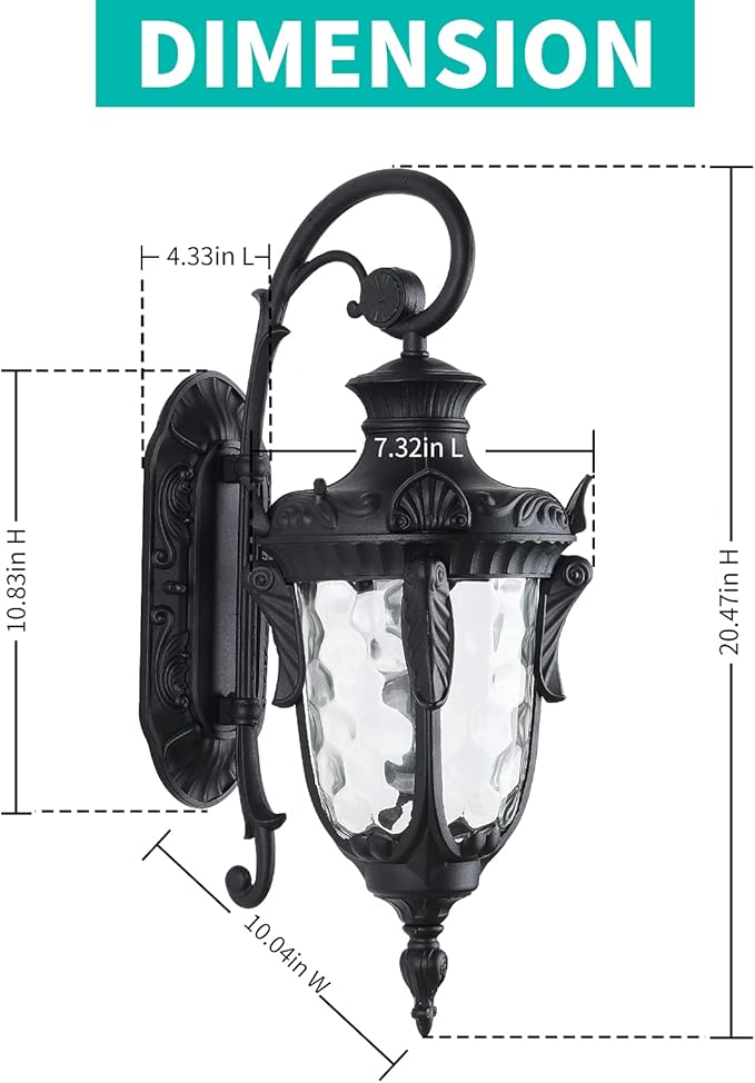 LONEDRUID Outdoor Wall Light Fixtures Black 20.47 H Exterior Wall Lantern Waterproof Sconce Porch Lights Wall Mount with Hammered Glass Shade for House