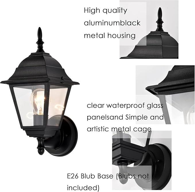 Outdoor Wall Sconce 2 Pack Black Waterproof Front Porch Light with Clear Glass Weather-Resistant Aluminum Sconce for Garage Patio Garden Front Door E26 Bulb (Bulbs Not Included)