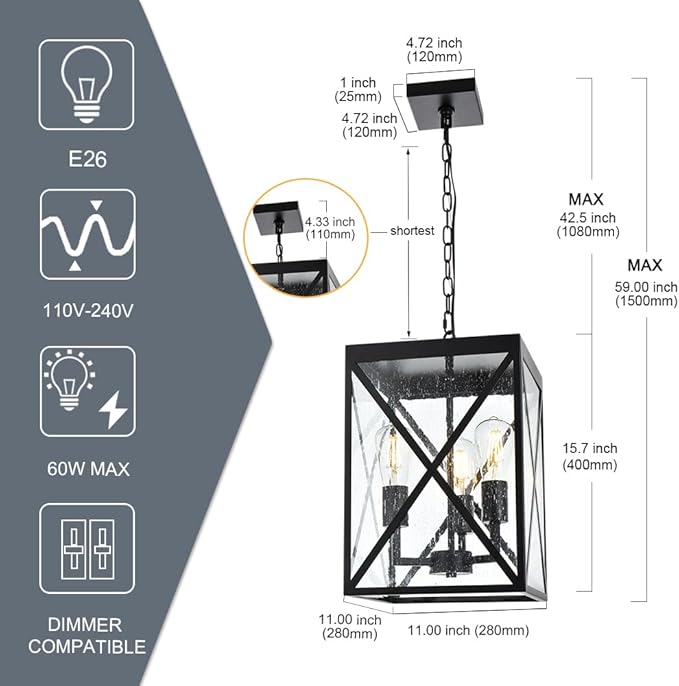 TODOLUZ Large Outdoor Pendant Light Black Exterior Ceiling Porch Light with Seeded Glass Panel Outdoor Chandelier Hanging Lantern for Garage Entryway Patio Front Door
