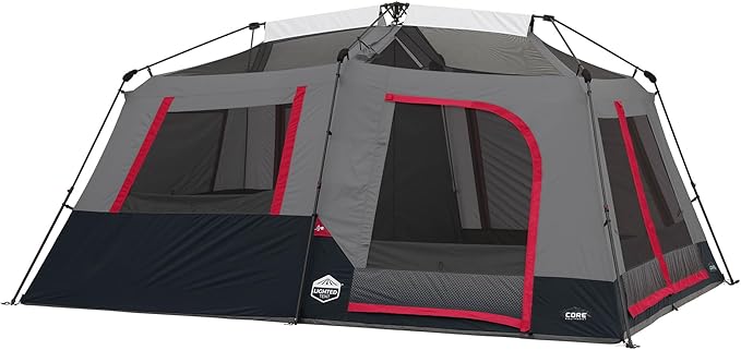 CORE 10 Person Instant Cabin Tent with LED Lights | Lighted Pop Up Camping Tent with Easy 2 Minute Camp Setup | Portable Large Family Cabin Multi Room Tents for Camping