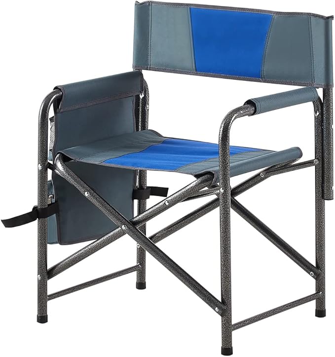 Lightweight Oversized Outdoor ChairPadded Folding Chairwith Side Table and Storage Pockets for IndoorOutdoor CampingPicnicsFishingBlue+Grey