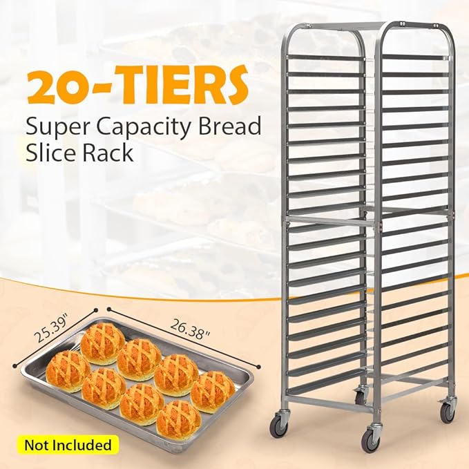 SANDINRAYLI Bakery Rack20-Tier Baker's Rack with Wheels Stainless Steel Bun Rack for Half &amp Full Sheet Large Speed Rack for Kitchen Commercial Bakery Cart Rolling Bakers Rack 26L X 20 W X
