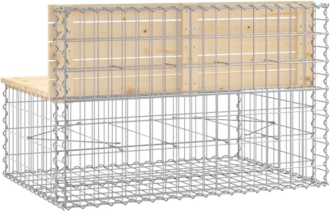 vidaXL Solid Pine Wood Patio Bench with Galvanised Steel Gabion Base Farmhouse Style Garden and Outdoor Seating 40.6x27.6x25.6 Brown 834374