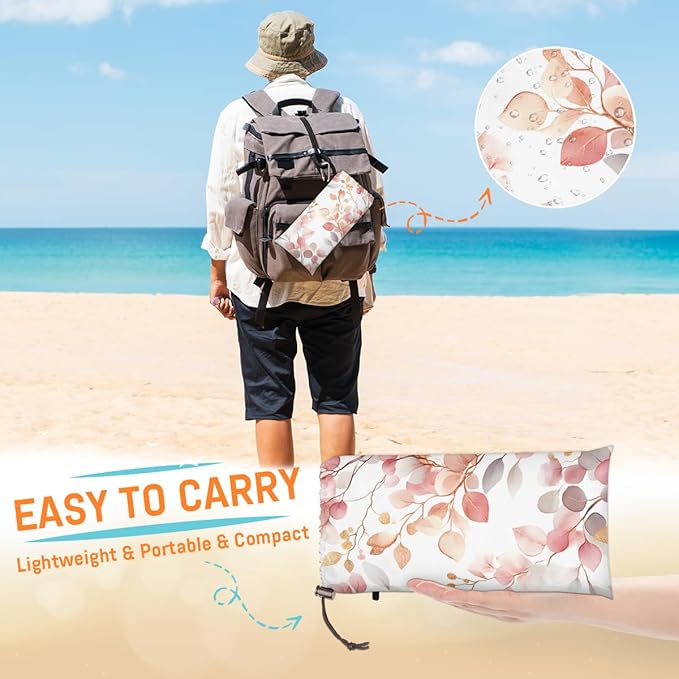 Waterproof Sandproof Beach Blanket 59''×68'' Poplar Leaves Polyester Outdoor Picnic Blanket with 4 Stakes &amp Storage Bag for BeachCampingVacation Plants