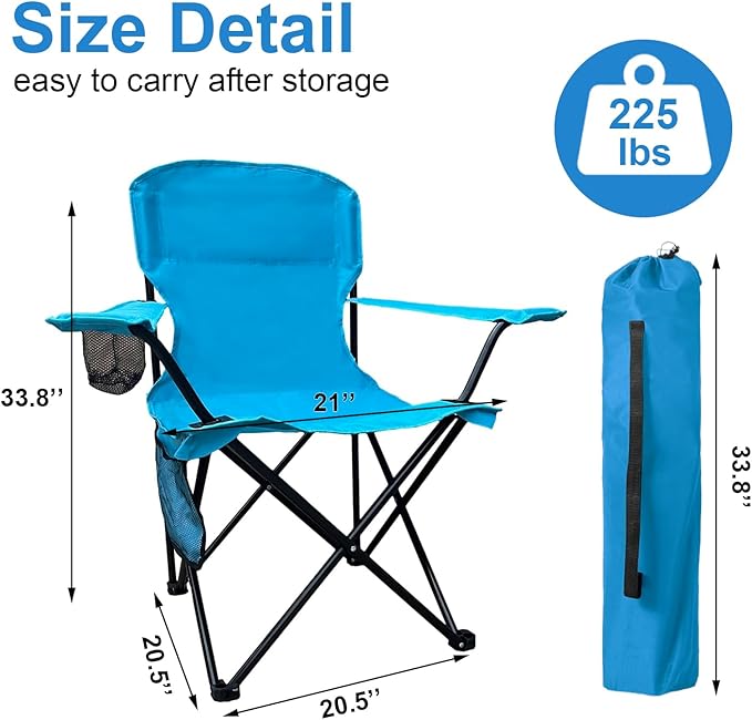 Portable Folding Camping Chair with Cup Holder and Cooler Bag Lightweight Outdoor Chair with Strong Steel Frame Easy Storage with Carry Bag Supports 300LBS Blue