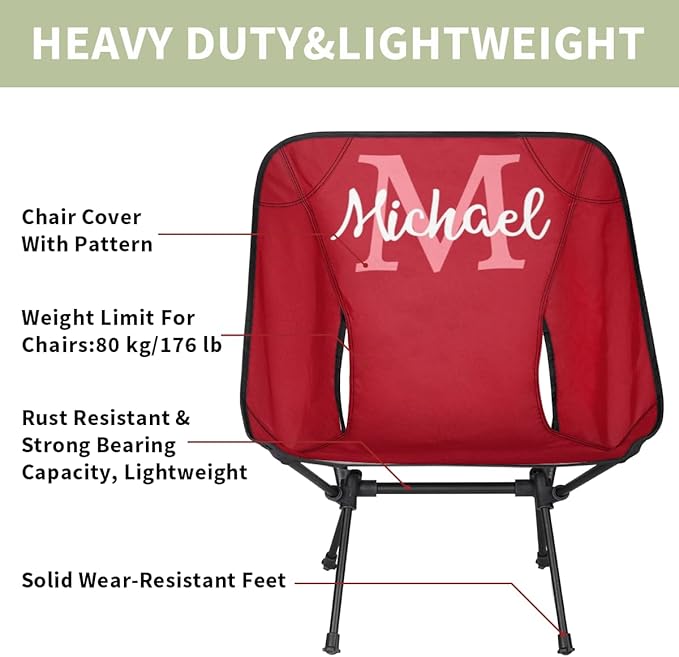 Custom Red Portable Camping Chair Personalized Backpacking Chair with Name Lightweight Foldable Chairs for Hiking Beach