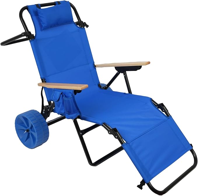 Beach Chair Cart with Wheels 2 in 1 Foldable Beach Lounge Chair Buggy Cart Large Wheels for Pool Backyard Sunbathing Picnic (Light Blue)