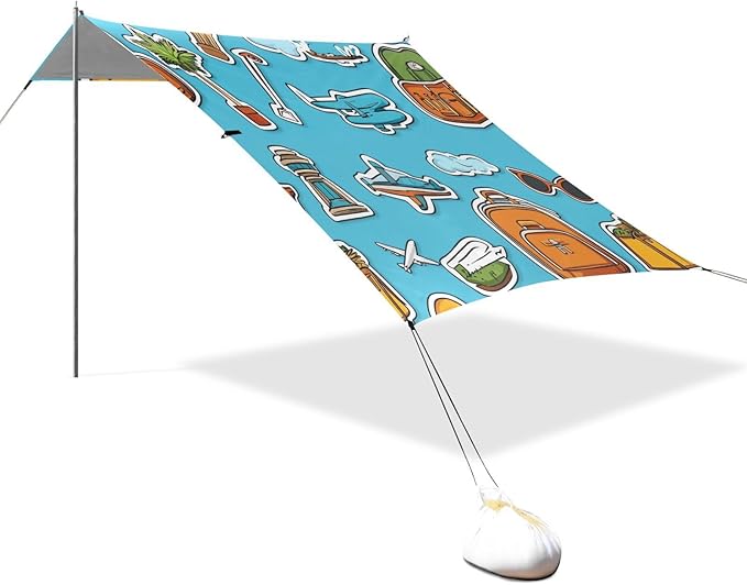 ALAZA Travel Sticker Beach Tent Sun Shelter UPF50+ Protection Beach Shade Canopy w/ 4 Sandbags for Outdoor Camping Fishing Backyard Fun Picnic 10x9 ft