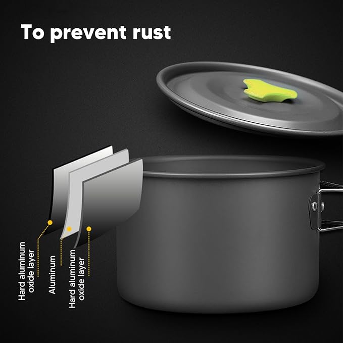 Camping Cookware Mess Kit Portable Cooking Set Hard Anodized Aluminum Lightweight Black - Non Stick Folding Utensils Ideal for Backpacking and Outdoor Cooking
