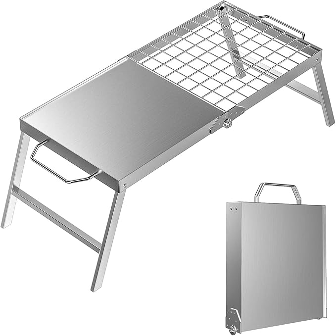 Skyflame Folding Campfire Grill Portable Stainless Steel Camping Grill Grate and Camp Grill Griddle with Collapsible Legs for Versatile Outdoor Backpacking BBQ Over Fire Pit Cooking