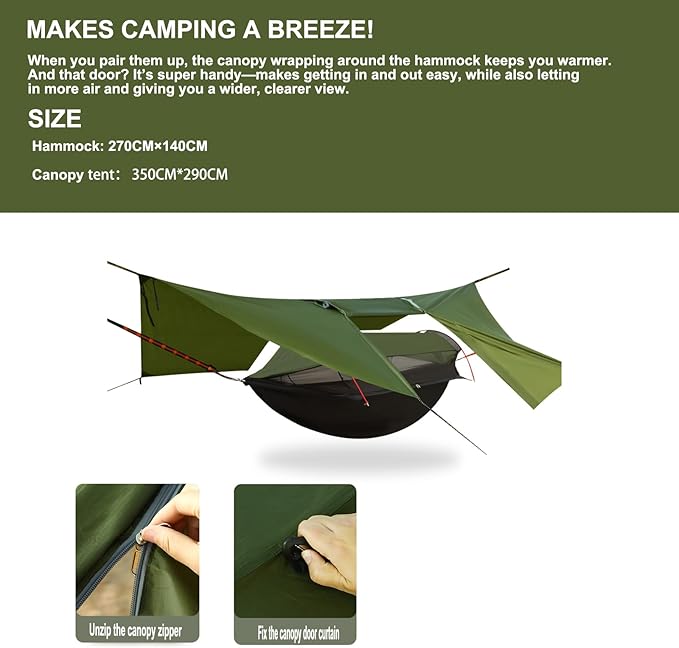 3-in-1 Camping Hammock Tent with Rain Fly Quick-Zip Door &amp Curved Poles – Lightweight Shelter with Mosquito Net