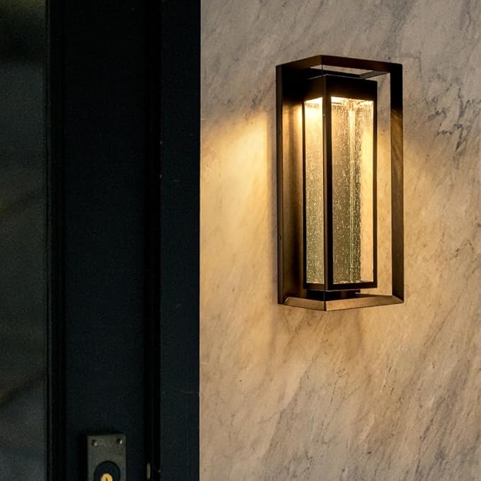 LED Outdoor Wall Lights Exterior Black Front Porch Light Wall Mount Modern Light Fixtures Large LED Wall Sconce with seeded Glass Outside Patio Lights Fixture for House Garage Entryway