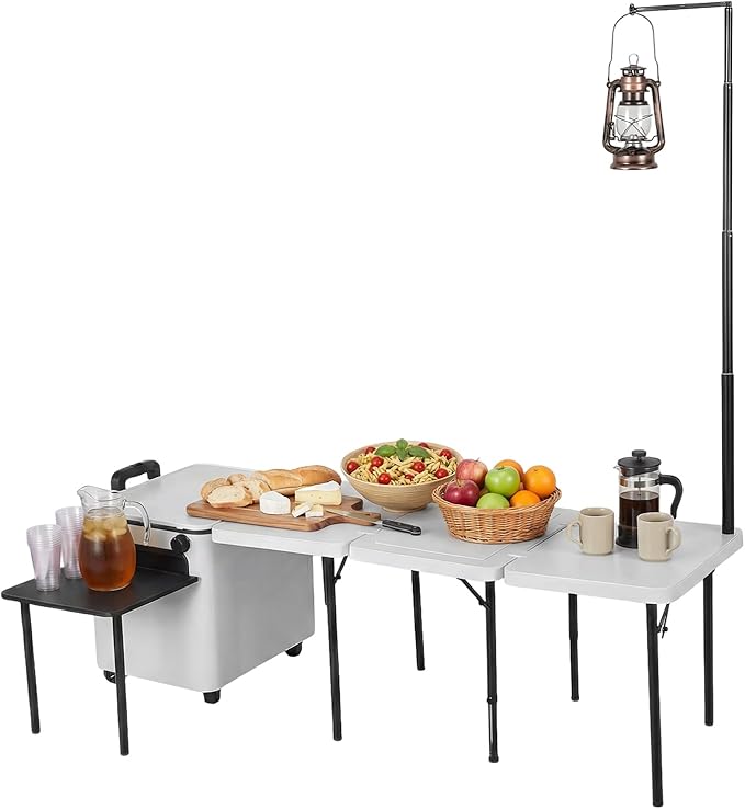 Multifunctional Outdoor Kitchen Station with Wheels Folding Overland Camping Kitchen Table with Light Poles for Picnic Party Beach BBQ Cooking Indoor
