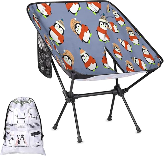 Cute Penguin Pattern Camping Chair Lightweight Portable Chairs for Adults Easy Installation Outdoor Foldable Camping Chair for Camping Fishing Hiking Picnic Beach