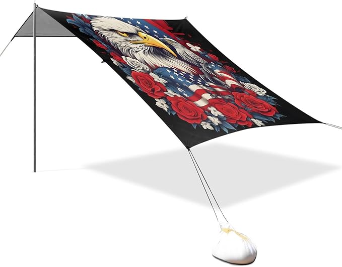 ALAZA Eagle American Flag Beach Tent Sun Shelter UPF50+ Protection Beach Shade Canopy w/ 4 Sandbags for Outdoor Camping Fishing Backyard Fun Picnic 10x9 ft