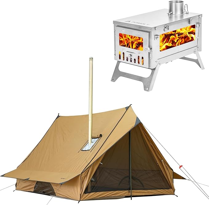 POMOLY Chalet 70 Pro Camping Hot Tent Cabin Tent and UltraFold Mini 0.6 Titanium Wood Stove