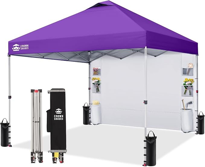 CROWN SHADES Canopy Tent 10x10 Pop Up Canopy Outdoor Shade with Pockets Sidewall Easy Up Sun Shelter with One Person Set Up Center Lock Portable Instant Camping Beach Canopy Tents Purple