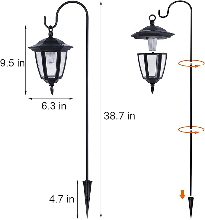 Dynaming 4 Pack Solar Hanging Lights Outdoor Solar Powered Garden Decorative Lanterns with 4 x 38 Inch Shepherd Hooks Waterproof Landscape Lighting for Lawn Patio Yard Pathway Driveway Warm White