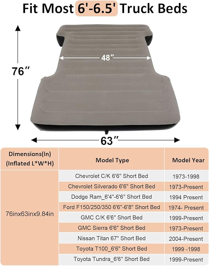 MIROZO Truck Air Mattress Bed for 6-6.5FT Full Size Short Car Beds Inflatable Air Mattress with Air Pump for Outdoor CampingTentTruck(Grey)
