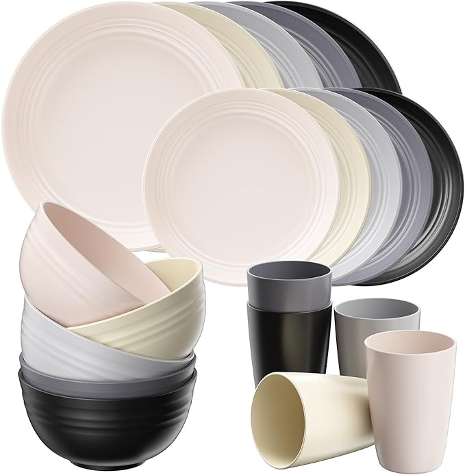 Quatish 20 Piece Plates and Bowls Sets for 5 Unbreakable Dinnerware Sets Plastic Dish Set for Camping Dishwasher Microwave Safe Outdoor Kitchen and Apartment Dinning RV Essentials Grey