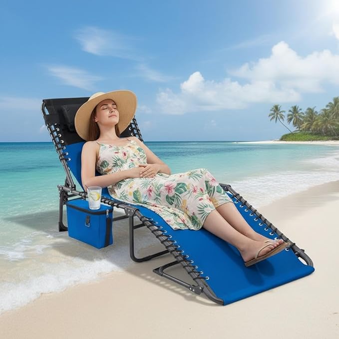 Outdoor Chaise Lounge Chair Folding Tanning Chair with 5-Position Adjustable Backrest Portable Sun Lounger with Carry Handle Side Pocket and Removable Pillow for Beach Pool Patio Camping Blue