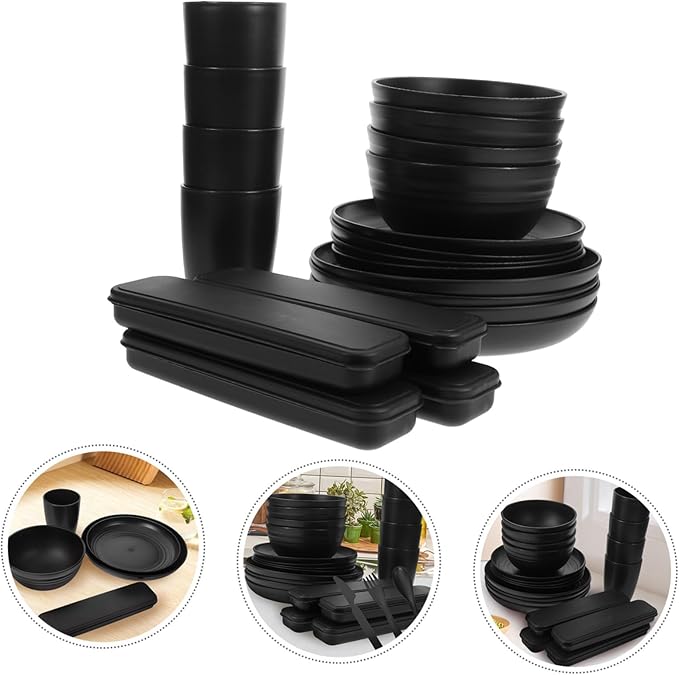 KICHOUSE 4sets Portable Camping Picnic Utensil Bowl Black Dinnerware Cutlery Case Rv Dishes Easy to Clean