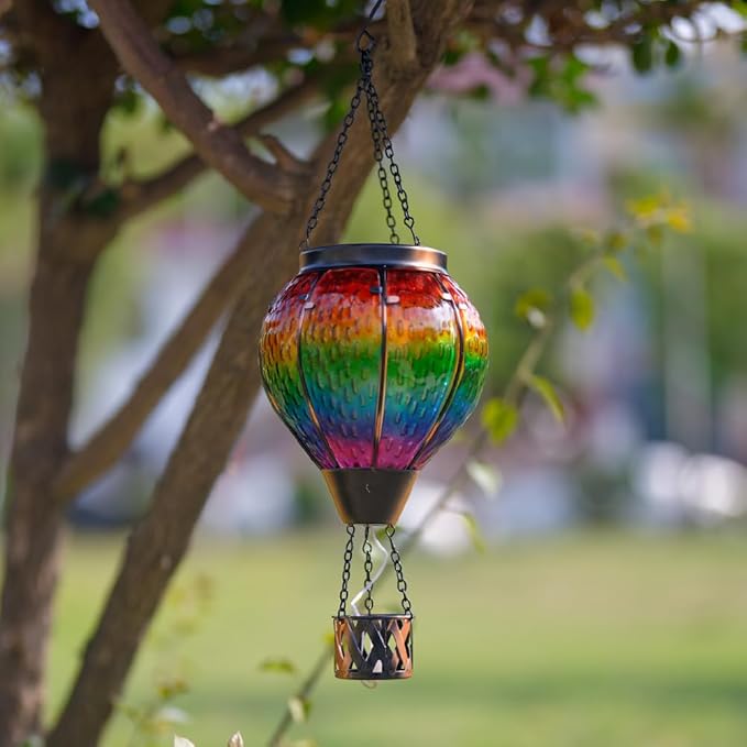 DREAMSOUL 2 PCS Solar Hot Air Balloon Lantern with Flame Glass Hanging Solar Lanterns Outdoor Waterproof for Lawn Patio Porch Decor