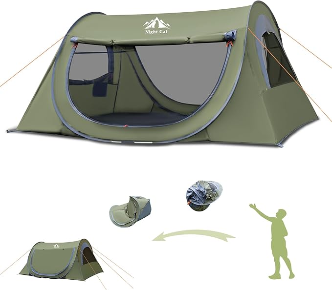 Night Cat Pop-up Camping Tent with Inflatable Double Sleeping Pad for 2 Persons Tent Combo Set