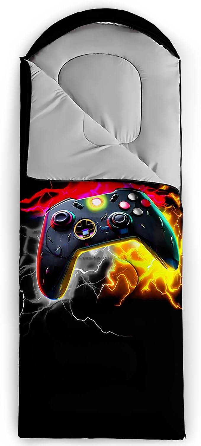 Axolotl Gaming Sleeping Bag for Boys Girls KidsGamepad Waterproof Portable Camping Bag3 Season Warm Cool Weather Lightweight Compact Camping Essentials Gear for Travelling Hiking Green Purple Orange