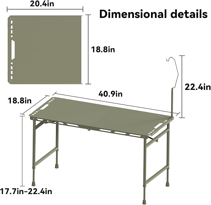 3.4 Ft Folding Camping Table - 12 lb Lightweight Portable Picnic Table with Adjustable Height &amp Carry Handle - Large Folding Table for Outdoor BBQ Beach Hiking &amp Home (Green)