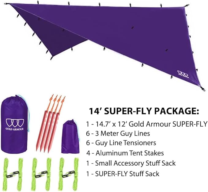 Gold Armour Rainfly Tarp Hammock Premium 14.7ft/12ft/10ft/8ft Rain Fly Cover Waterproof Ultralight Camping Shelter Canopy Survival Equipment Gear Camping Tent Accessories (Purple 14.7ft x 12ft)