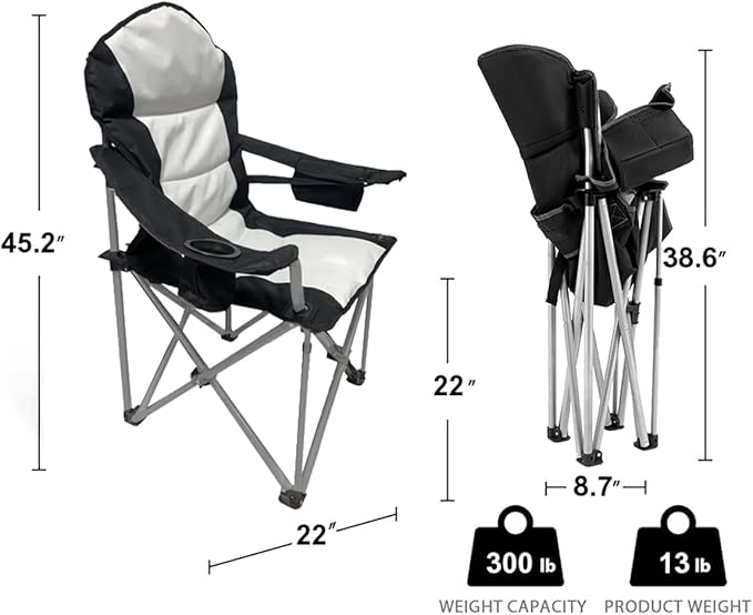 Wild Scape Oversized Folding Camping Chair for Adults Foldable Beach Chairs with Cup Holder Cooler Pocket Storage Bag Heavy Duty Portable Fishing Chair for Outdoor Garden Picnic Grey &amp Blac
