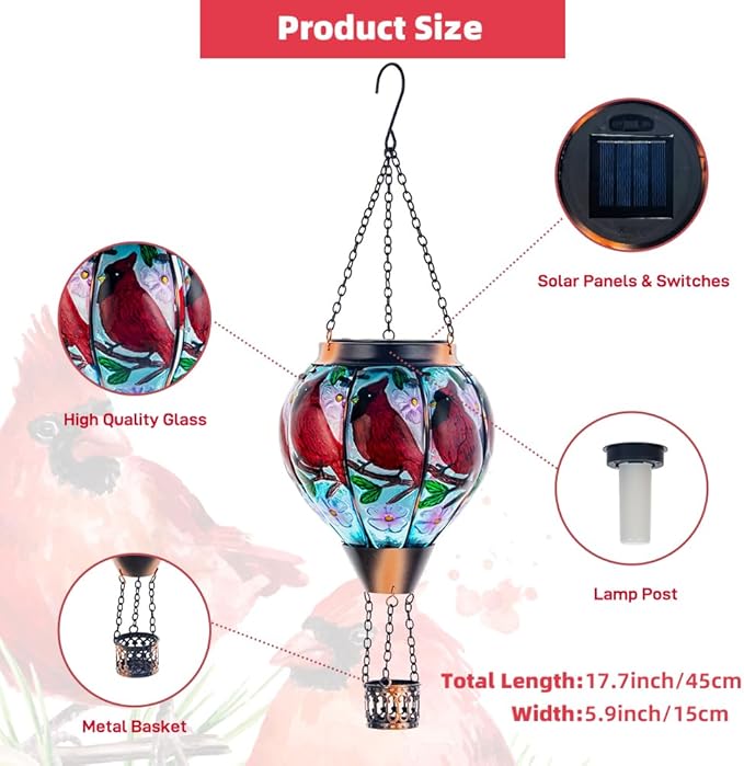 DREAMSOUL 2PCS Cardinal Hot Air Balloon Solar Lantern Hanging Glass Solar Lanterns Outdoor Waterproof for Yard Party Gift