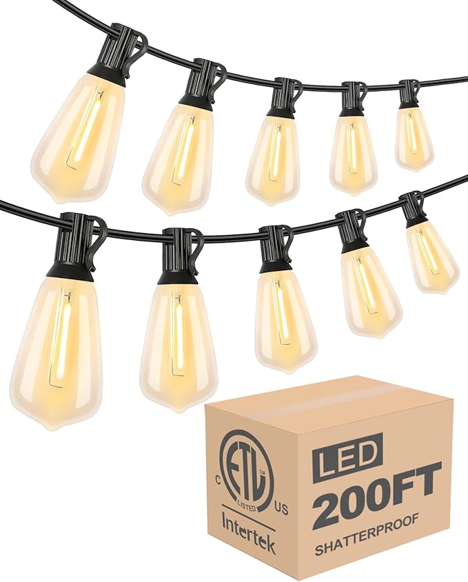 Lightdot 200FT Outdoor String Lights LED Bistro String Lights with Shatterproof ST38 Vintage Bulbs 2200K Dimmable Waterproof Hanging Lights for Porch Deck Garden Backyard Balcony - ETL Listed
