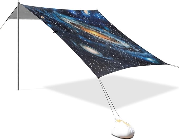 Galaxy Pattern Beach Tent Sun Shelter 9.2' x 10.5' Beach Canopy with 4 Sandbags 4 Stability Poles Sand Shovels - Tent Canopy for Beach Camping Fishing Picnics