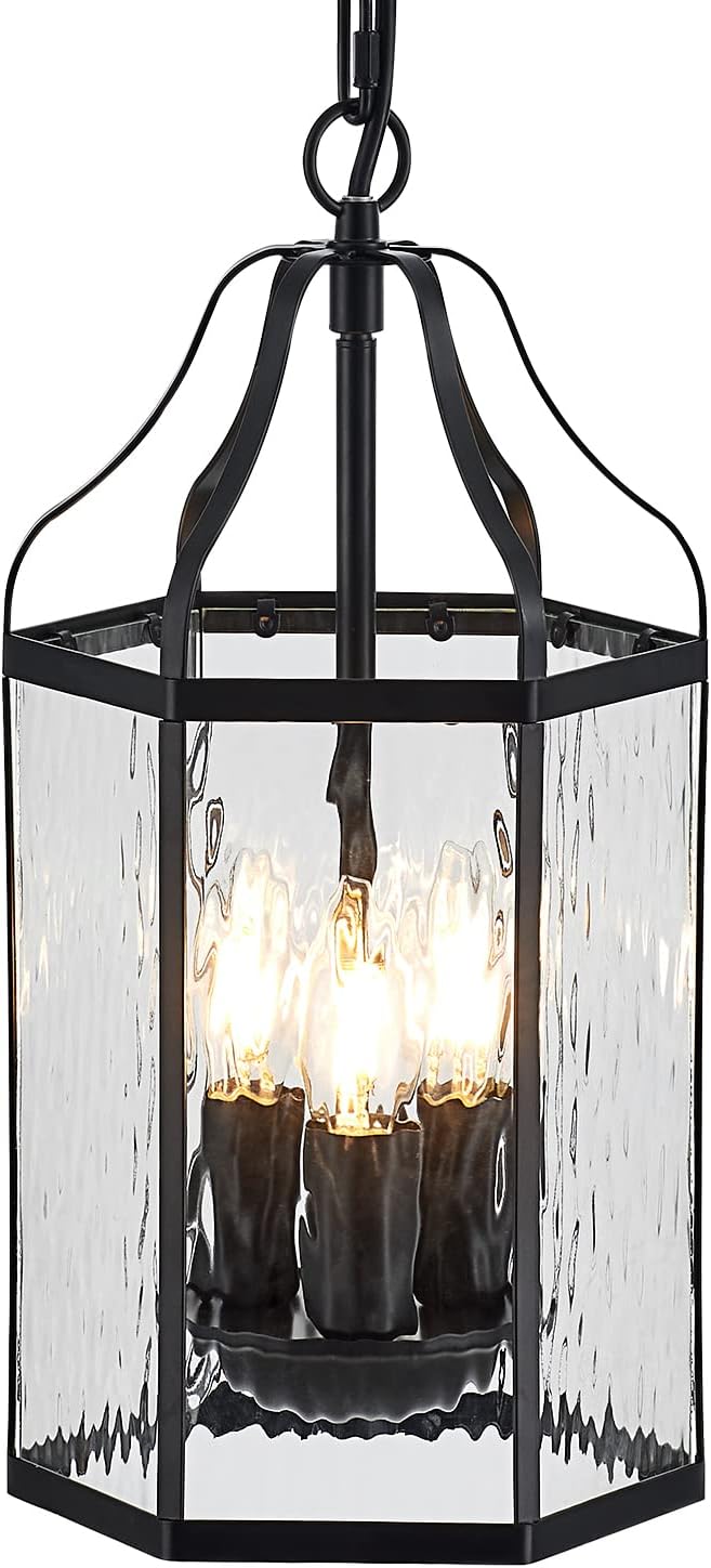 8 Modern 3-Light Exterior Black Lantern Pendant Light Fixture with Clear Rippled Glass Mini Industrial Hanging Cage Chandelier for Outdoor Kitchen Dining Room Hallway Entryway Foyer Porch