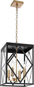 4-Light Outdoor Pendant Lights for Porch 15.7'' Outdoor Chandelier Black &amp Brushed Brass Exterior Hanging Porch Light Fixtures w/Clear Glass Waterproof Outside Pendant Lantern for Front Door